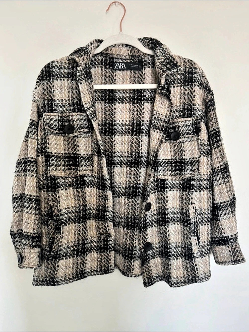 Zara Textured Check Overshirt Plaid Blazer Black & Cream Medium